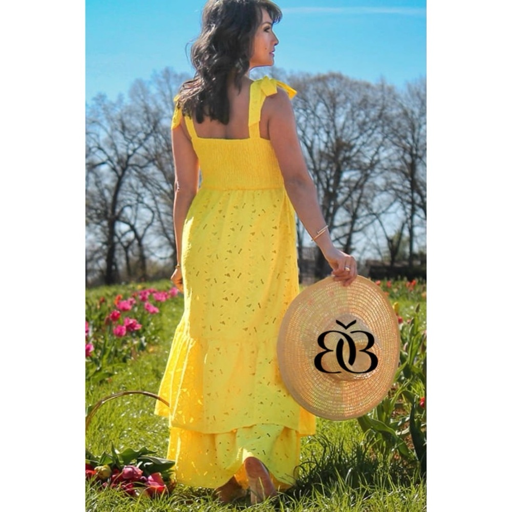 Flying Tomato Sunny Yellow Floral Eyelet Double Ruffle Maxi Dress